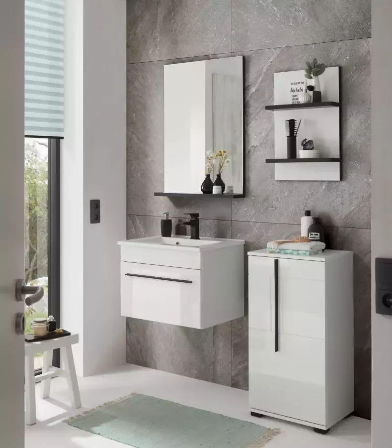 INOSIGN Badkamerserie Cantara badkamer in modern ontwerp 4-delig badkamer Waschtafel kast hangplank en spiegel in wit hoogglans (set 4-delig)