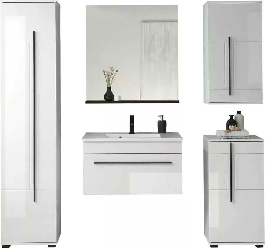 INOSIGN Badkamerserie Cantara badkamer in modern ontwerp 5-delig badkamer Wastafel kasten hangkast en spiegel in wit hoogglans (set 5-delig)