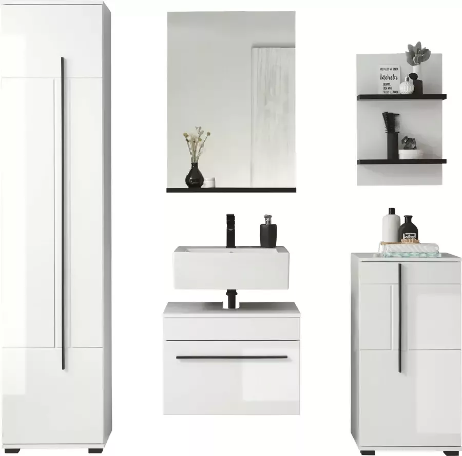 INOSIGN Badkamerserie Cantara badkamer in modern ontwerp 5-delig badkamer Onderkast kasten hangrek en spiegel in wit hoogglans (set 5-delig)