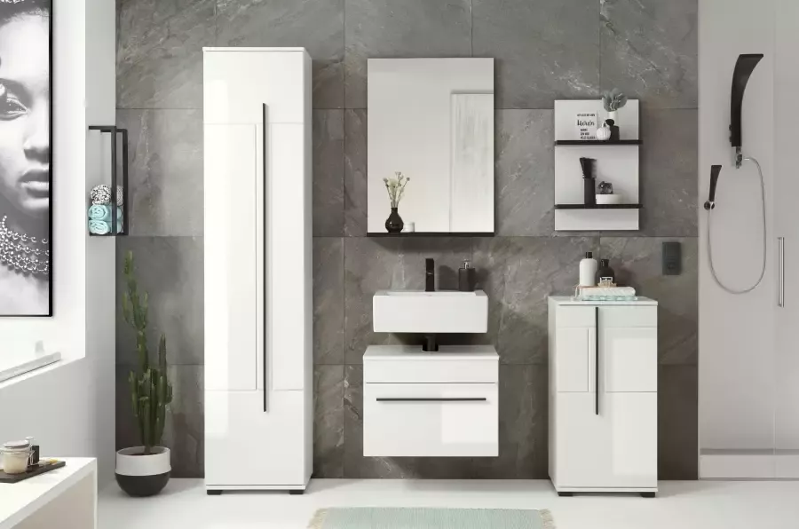 INOSIGN Badkamerserie Cantara badkamer in modern ontwerp 5-delig badkamer Onderkast kasten hangrek en spiegel in wit hoogglans (set 5-delig) - Foto 4