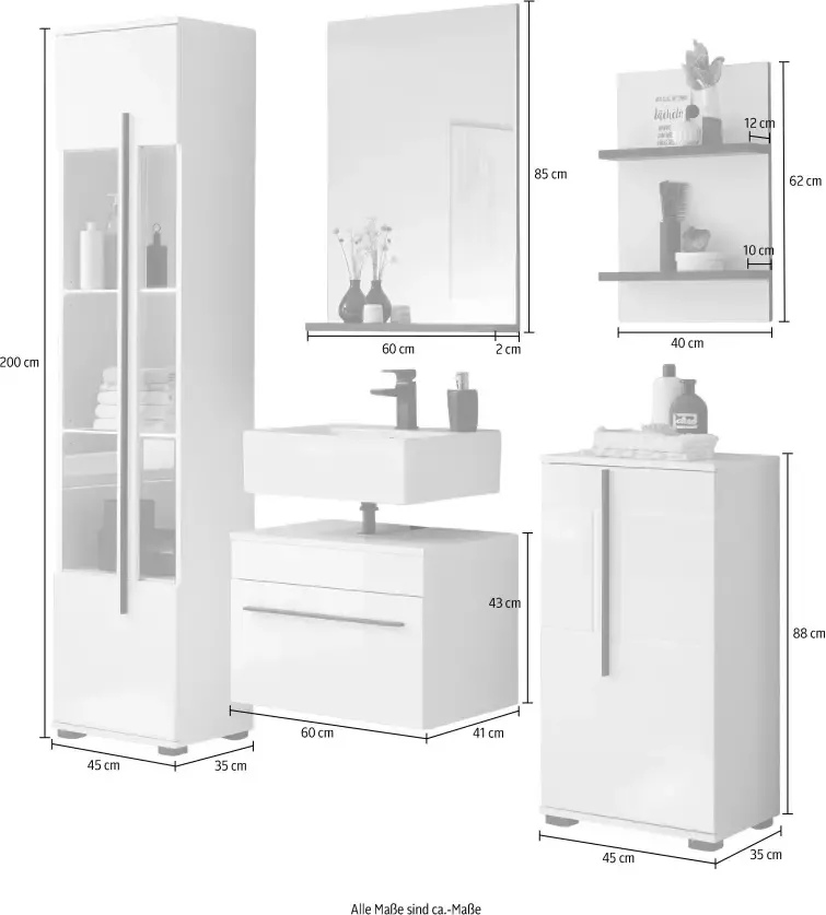 INOSIGN Badkamerserie Cantara badkamer in modern ontwerp 5-delig badkamer Onderkast kasten hangrek en spiegel in wit hoogglans (set 5-delig) - Foto 2