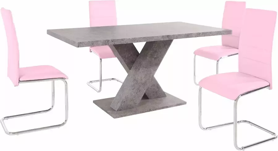 INOSIGN Eethoek met 4 stoelen en tafel in cement-look (set 5-delig)