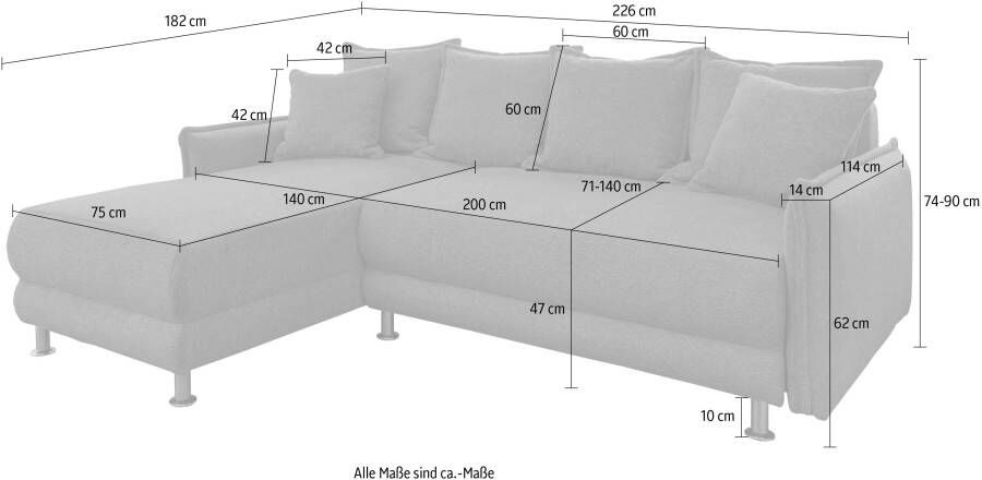 INOSIGN Hoekbank Pulea L-vorm Uitschuifbaar ligoppervlak bedbox 2 sierkussens verschillende stoffen - Foto 6