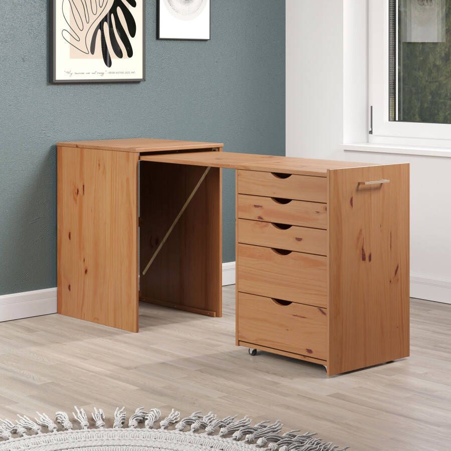 INTER-FURN Bureau met kast Voltera klein massief houten bureau groot uittrekbaar van 57 tot 164 cm (1 stuk) - Foto 4