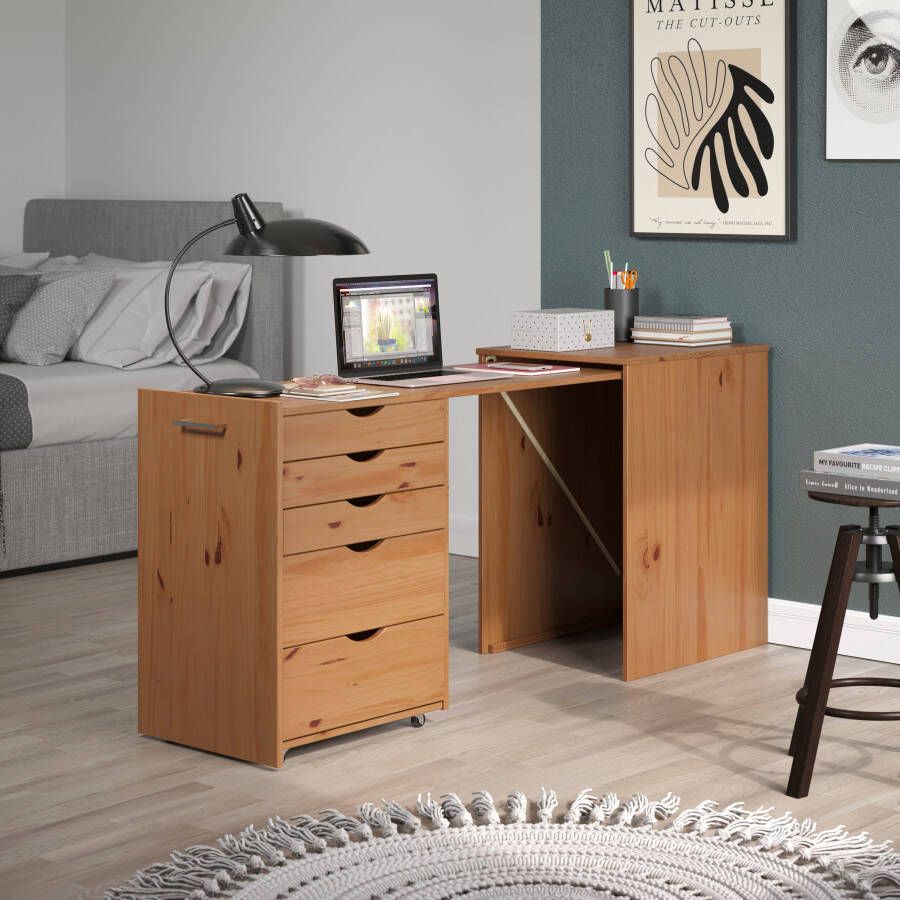 INTER-FURN Bureau met kast Voltera klein massief houten bureau groot uittrekbaar van 57 tot 164 cm (1 stuk) - Foto 5