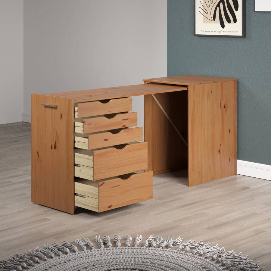 INTER-FURN Bureau met kast Voltera klein massief houten bureau groot uittrekbaar van 57 tot 164 cm (1 stuk) - Foto 6