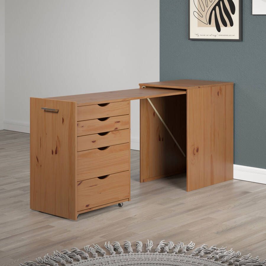 INTER-FURN Bureau met kast Voltera klein massief houten bureau groot uittrekbaar van 57 tot 164 cm (1 stuk) - Foto 7