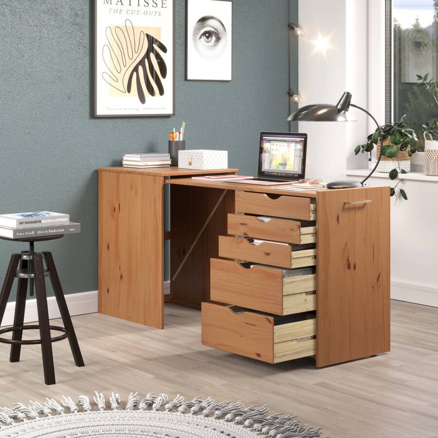 INTER-FURN Bureau met kast Voltera klein massief houten bureau groot uittrekbaar van 57 tot 164 cm (1 stuk) - Foto 8