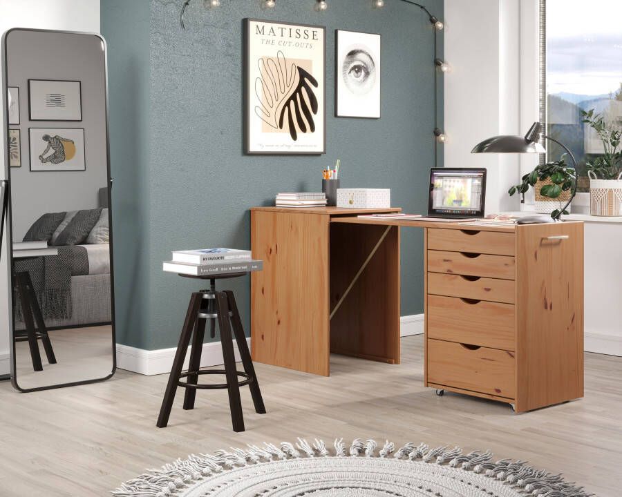 INTER-FURN Bureau met kast Voltera klein massief houten bureau groot uittrekbaar van 57 tot 164 cm (1 stuk) - Foto 12