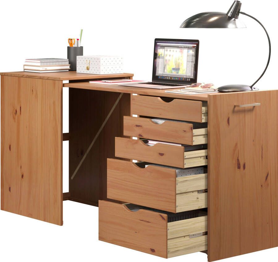 INTER-FURN Bureau met kast Voltera klein massief houten bureau groot uittrekbaar van 57 tot 164 cm (1 stuk) - Foto 9