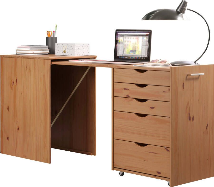 INTER-FURN Bureau met kast Voltera klein massief houten bureau groot uittrekbaar van 57 tot 164 cm (1 stuk) - Foto 11
