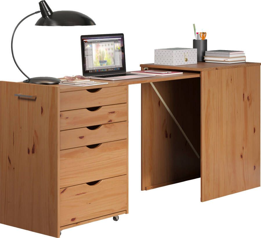 INTER-FURN Bureau met kast Voltera klein massief houten bureau groot uittrekbaar van 57 tot 164 cm (1 stuk) - Foto 10