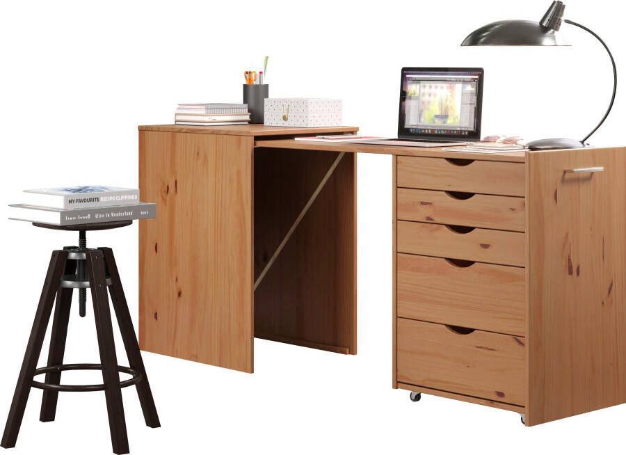 INTER-FURN Bureau met kast Voltera klein massief houten bureau groot uittrekbaar van 57 tot 164 cm (1 stuk) - Foto 14