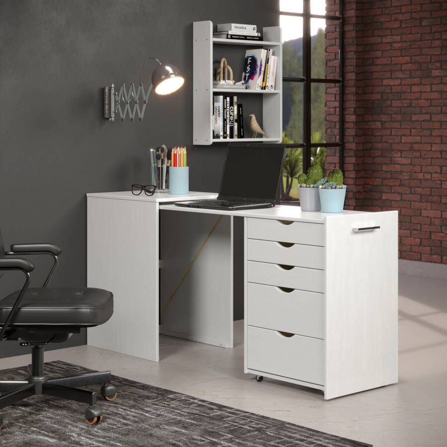 INTER-FURN Bureau met kast Voltera klein massief houten bureau groot uittrekbaar van 57 tot 164 cm (1 stuk) - Foto 5