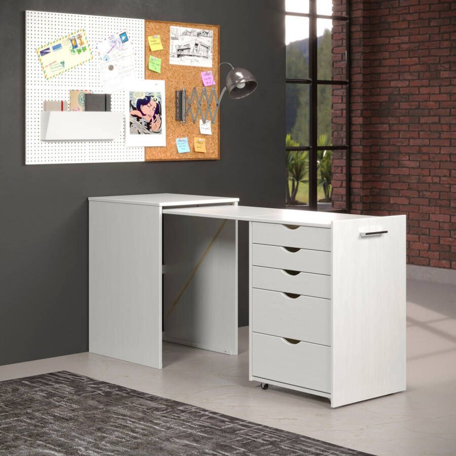 INTER-FURN Bureau met kast Voltera klein massief houten bureau groot uittrekbaar van 57 tot 164 cm (1 stuk) - Foto 3