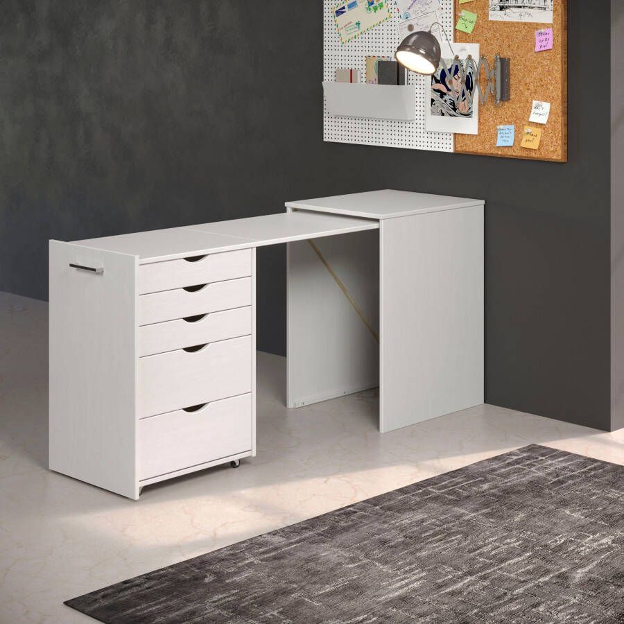 INTER-FURN Bureau met kast Voltera klein massief houten bureau groot uittrekbaar van 57 tot 164 cm (1 stuk) - Foto 4