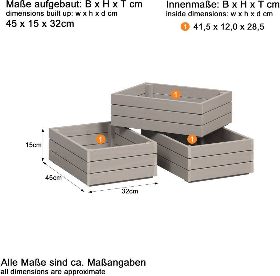 INTER-FURN Lade Arona houten kist set van 3 massief houten kratten grenen grijs was bxhxd: 45x15x32 cm (3 stuks)