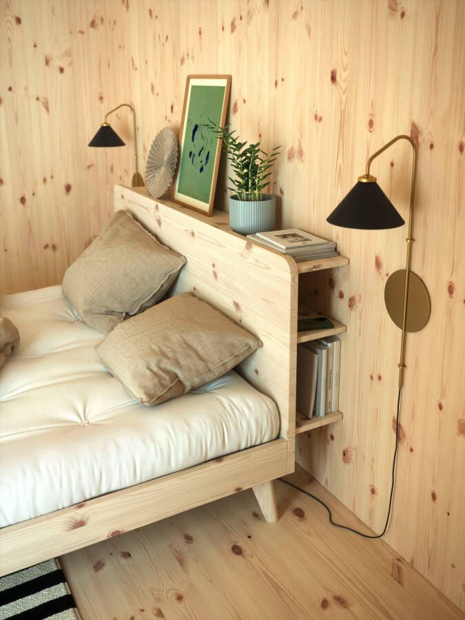 Karup Bedframe RETREAT BED van massief grenen met lattenbodem hoofdbord met 3 legplanken - Foto 2