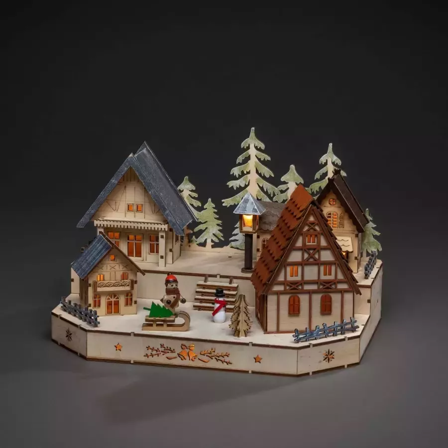 KONSTSMIDE Kerstdorp Kerst versiering Houten led-silhouet dorp met sneeuwpop kind en slede (1 stuk)