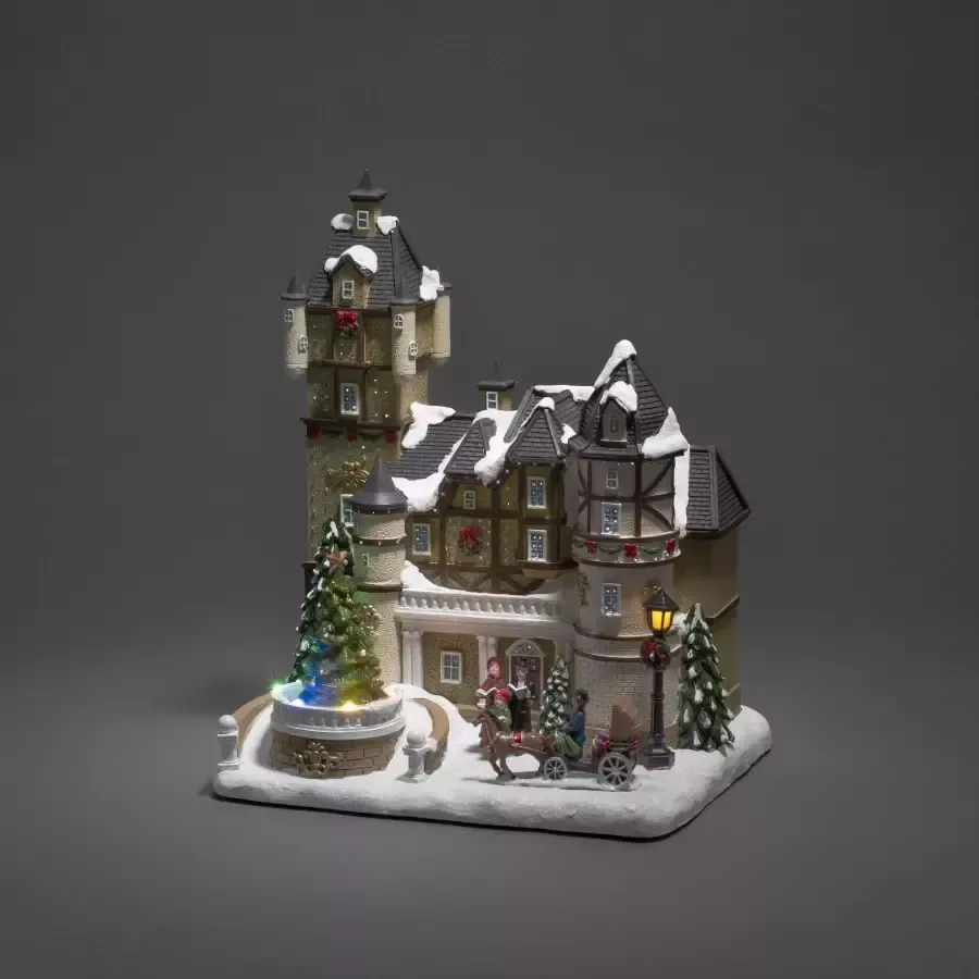 KONSTSMIDE Kerstfiguur Kerst versiering Ledhuis in fiber-look met kasteel + roterende kerstboom met muziek (1 stuk) - Foto 1