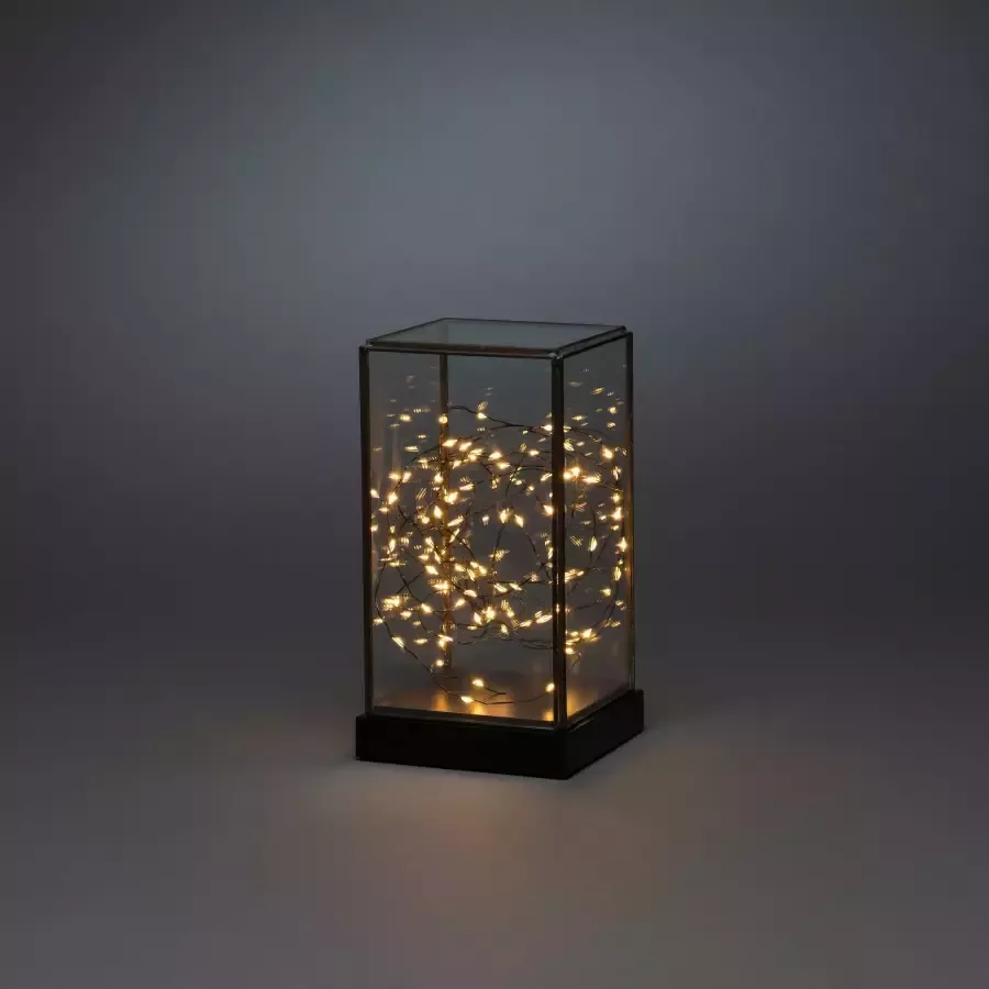 KONSTSMIDE Led lantaarn Kerst versiering Glazen led-lantaarn rechthoekig met zwarte houten basis (1 stuk)