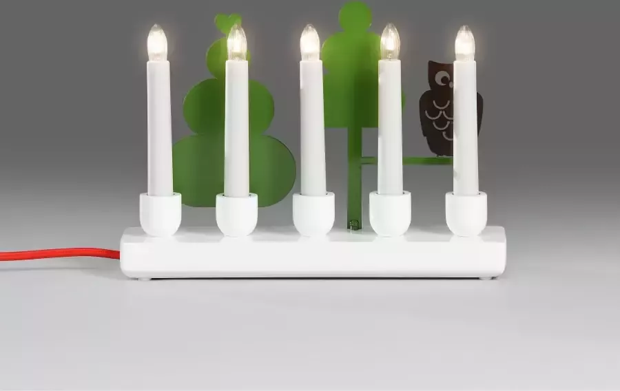 KONSTSMIDE Raamkandelaar Kerst versiering Houten lamp wit gelakt met gekleurde metalen decoraties uil (1 stuk)