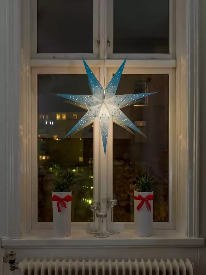 KONSTSMIDE Sierster Kerstster kerstversiering Papieren ster led ster geperforeerd en blauw geborduurd 7 punten (1 stuk)