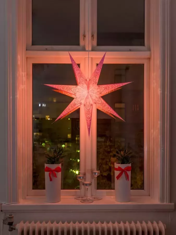 KONSTSMIDE Sierster Kerstster kerstversiering Papieren ster led ster geperforeerd en pink geborduurd 7 punten (1 stuk)