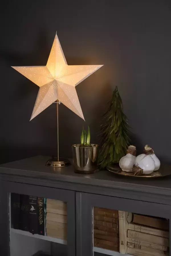 KONSTSMIDE Sierster Kerstster kerstversiering verlichte papieren ster met wit motief met messingkleur. metalen voet (1 stuk) - Foto 2