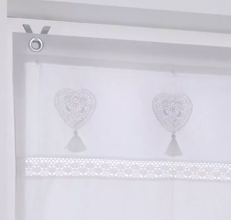 Kutti Romeins rolgordijn Camille wit ondoorzichtig katoen geborduurd hart kwasten met v-haak (1 stuk)