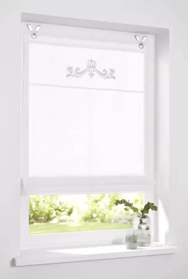 Kutti Romeins rolgordijn Kessy Crown Rolgordijn met ringen wit ondoorzichtig geborduurd motief kroon zilverkleur (1 stuk)