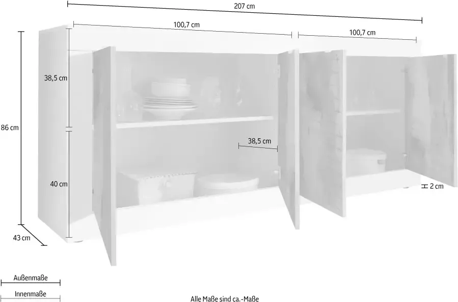INOSIGN Dressoir Basis breedte 207 cm commode 4 deuren dressoir Metalen handgreep moderne frame-uitstraling veel opbergruimte kleurkeuze - Foto 3