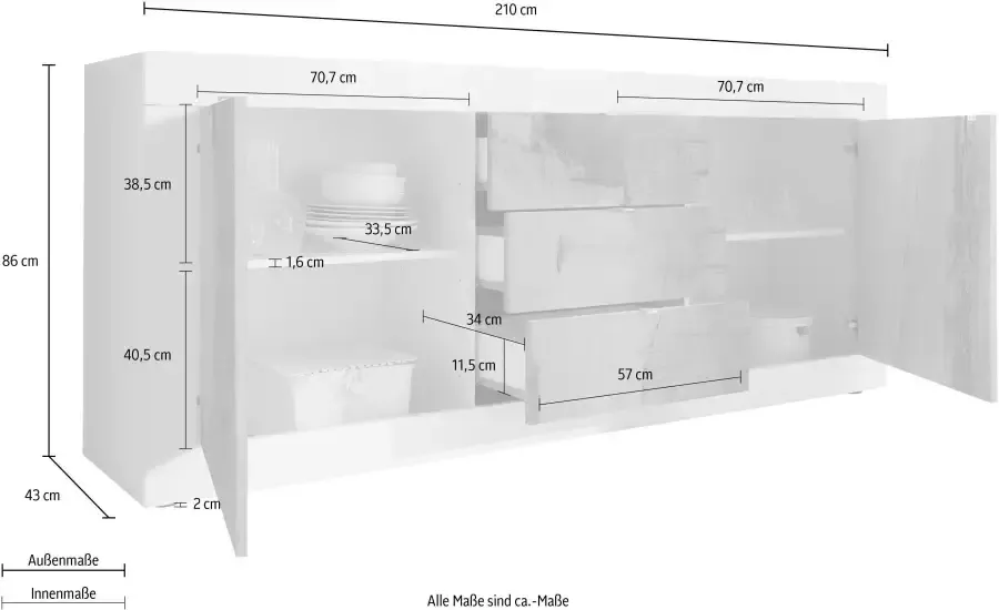 INOSIGN Dressoir Basis breedte 210 cm commode 2 deuren 3 lades dressoir Metalen handgreep moderne frame-uitstraling veel opbergruimte kleurkeuze - Foto 2