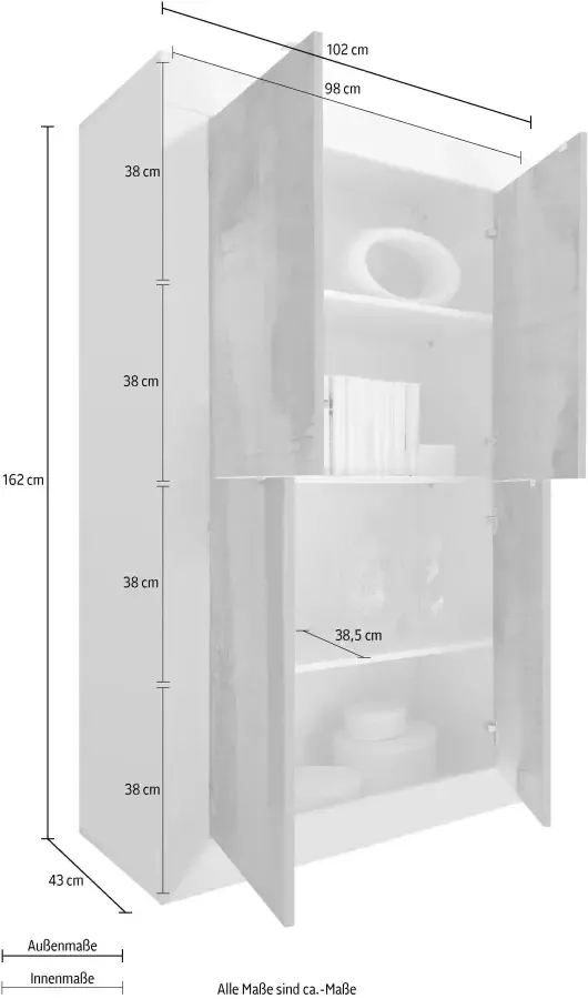 INOSIGN Highboard Basis hoogte 162 cm breedte 102 cm commode 4 deuren hoge commode Metalen handgreep moderne frame-uitstraling veel opbergruimte kleurkeuze - Foto 4