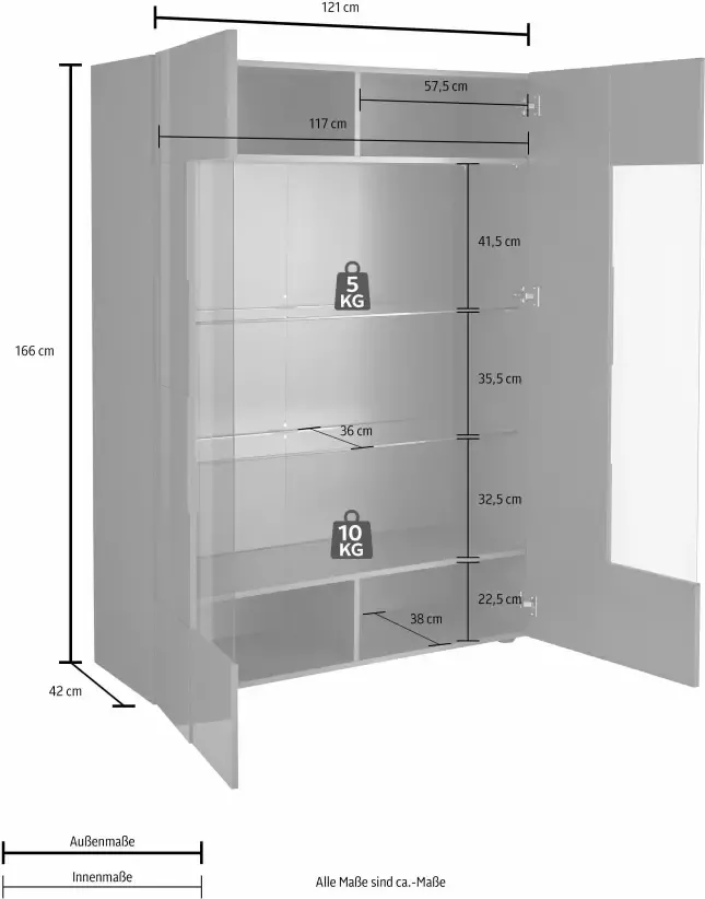 INOSIGN Vitrinekast Dama Hoogte 166 cm Breedte 121 cm Opberg vitrinekast met 2 deuren Staande vitrine front in 3D-uiterlijk veel opbergruimte verschillende kleuren