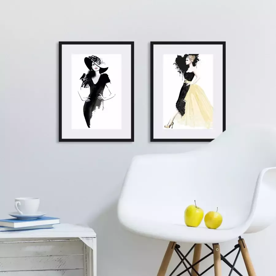 Leonique Wanddecoratie Schets van een vrouw met jurk HD premium posterdruk incl. houten lijst