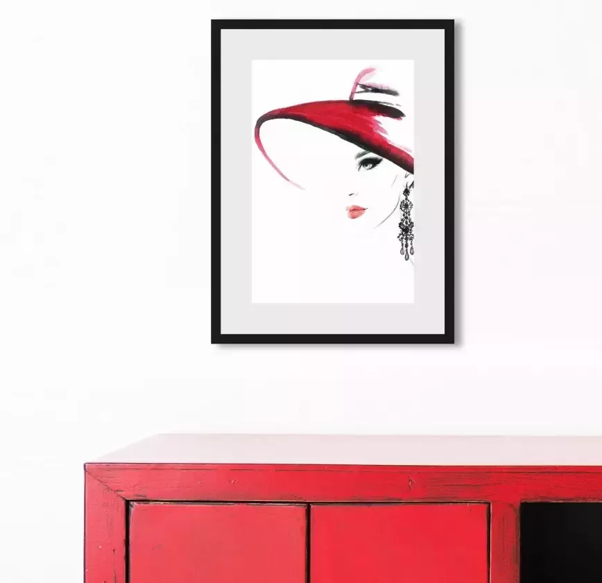 Leonique Wanddecoratie Schets van een vrouw met hoed en oorbel HD premium posterdruk incl. houten lijst