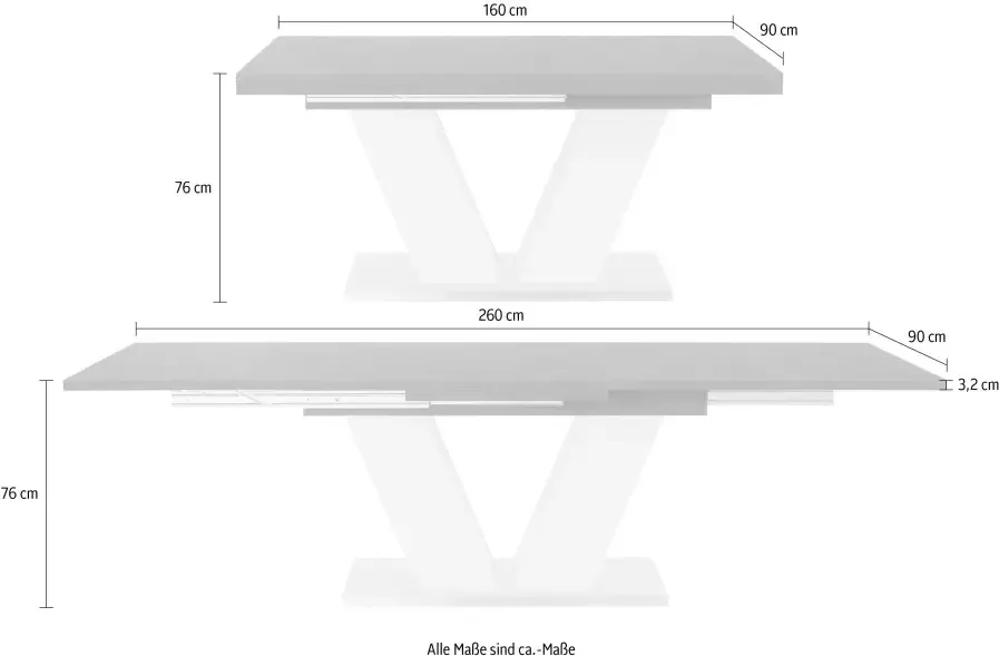 Mäusbacher Eettafel Comfort D met v-frame in wit en met uittrekfunctie breedte 160-260 cm