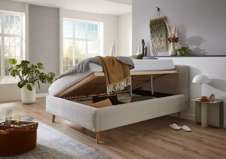 Meise EMOB Bed Madras 140x200cm met opbergruimte ribfluweel beige Gestoffeerde tweepersoonsbedden Beige Velours; Polyester Gestoffeerde tweepersoonsbedden Tweepersoons Normaal bed Op voorraad - Foto 4