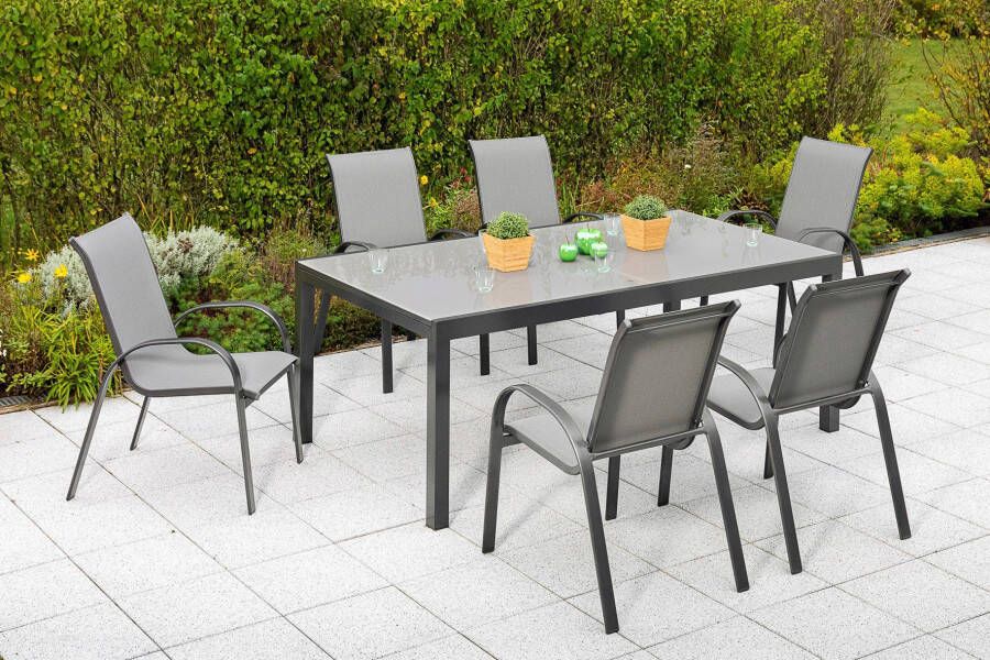 MERXX Tuin-eethoek Amalfi 6 stapelstoelen uitschuifbare tafel 110 x 200-300 cm (set 7-delig)