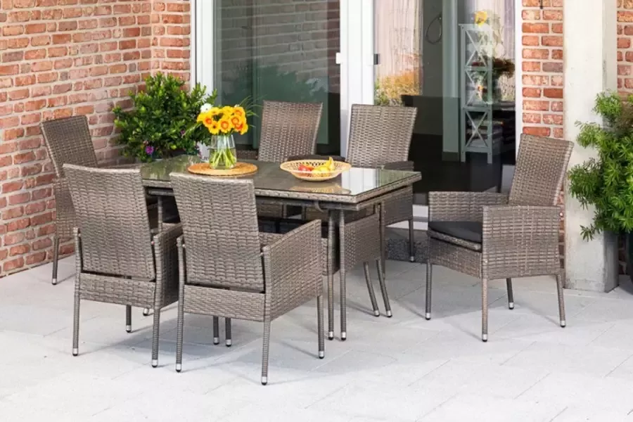 MERXX Tuin-eethoek Sevilla 6 fauteuils met zitkussen uittrekbare tafel steenbeige (7-delig)