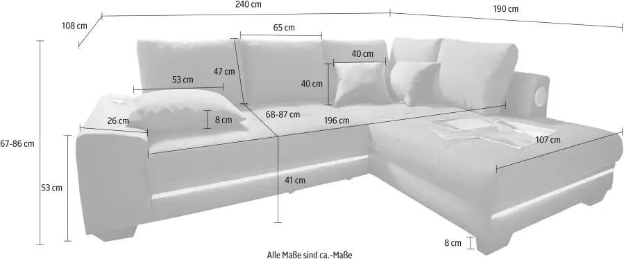Mr. Couch Hoekbank Nikita 2 naar keuze met koudschuim (140 kg belasting zitting) met rgb-ledverlichting bluetooth-geluidssysteem en slaapfunctie