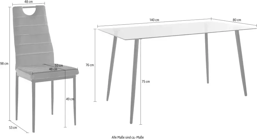 INOSIGN Eethoek Glazen tafel breedte 140 cm en 4 eetkamerstoelen bekleding van fluweel (set 5-delig) - Foto 4