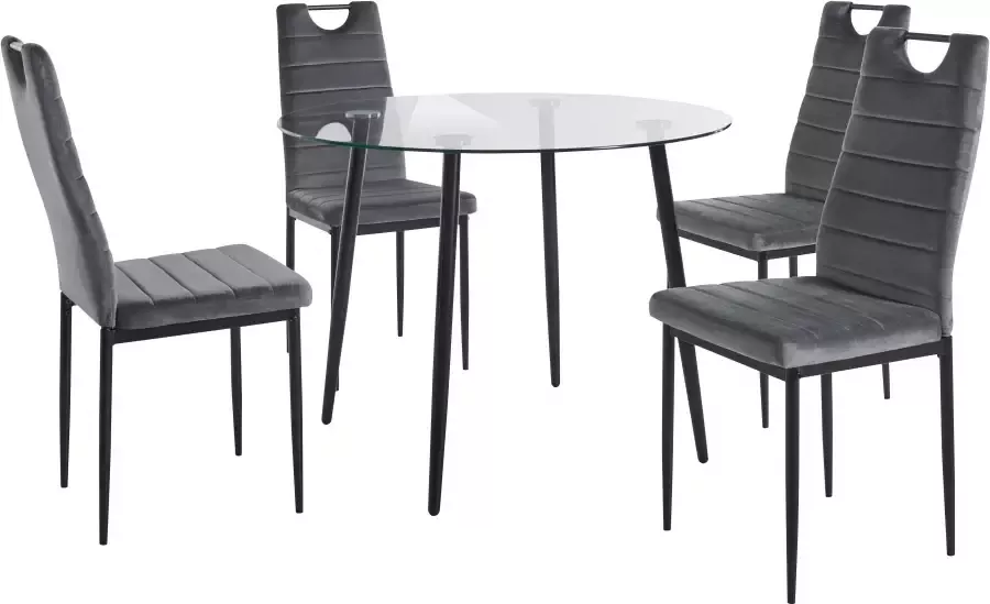 INOSIGN Eethoek ronde glazen tafel ø 100 cm en 4 eetkamerstoelen bekleding van fluweel (set 5-delig) - Foto 4