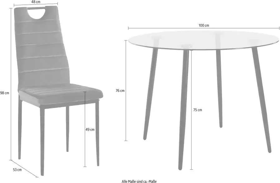 INOSIGN Eethoek ronde glazen tafel ø 100 cm en 4 eetkamerstoelen bekleding van fluweel (set 5-delig) - Foto 2