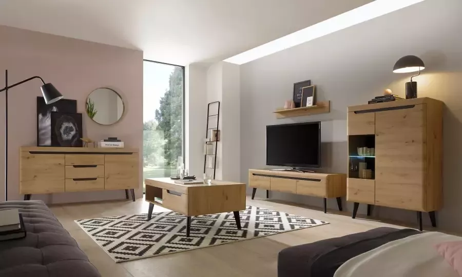 INOSIGN Wandmeubel Torge wandmeubel kastwand mediawand woonkamer-set bevat 1 vitrine 1 lowboard + 1 wandplank 270 cm breed (set 3-delig) - Foto 4