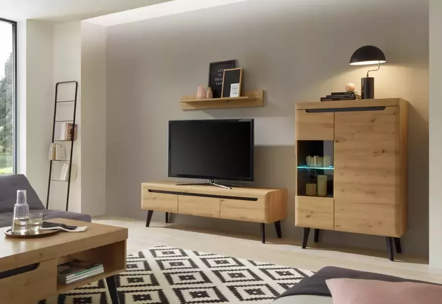 INOSIGN Wandmeubel Torge wandmeubel kastwand mediawand woonkamer-set bevat 1 vitrine 1 lowboard + 1 wandplank 270 cm breed (set 3-delig) - Foto 2