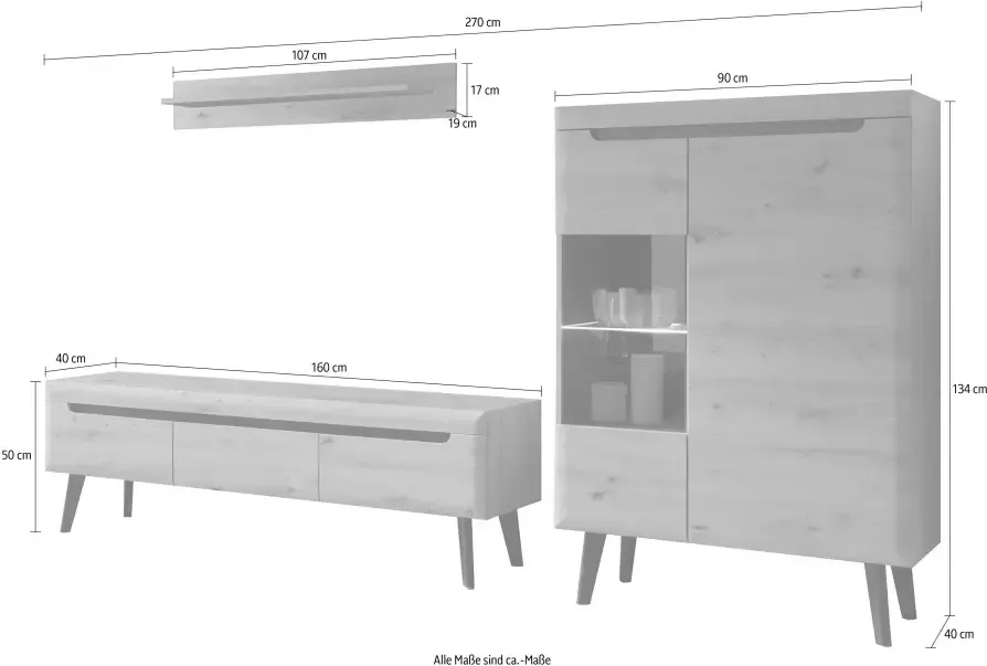 INOSIGN Wandmeubel Torge wandmeubel kastwand mediawand woonkamer-set bevat 1 vitrine 1 lowboard + 1 wandplank 270 cm breed (set 3-delig) - Foto 3