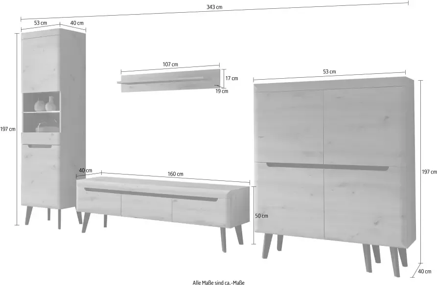 INOSIGN Wandmeubel TORGE bevat 1 vitrine 1 lowboard 1 highboard + 1 wandplank 360 cm breed (set 4-delig) - Foto 2