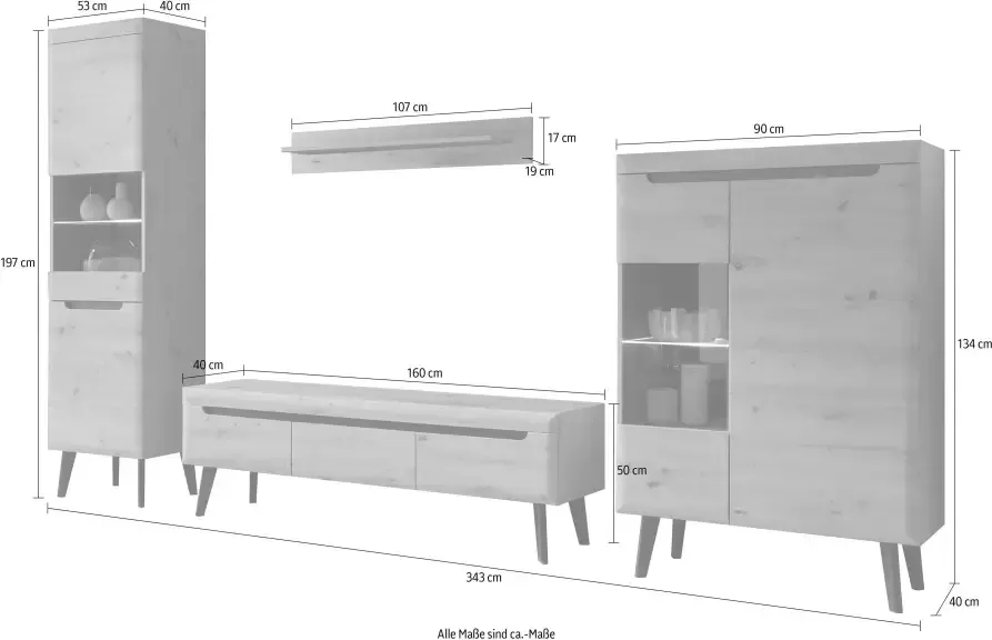 INOSIGN Wandmeubel Torge wandmeubel kastwand mediawand woonkamer-set bevat 2 vitrines 1 lowboard 1 wandplank 343 cm breed (set 4 stuks) - Foto 4
